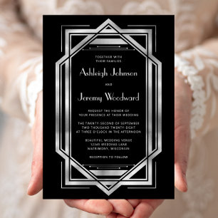 Elegant Black Silver Vintage 1920s Deco Wedding Invitation