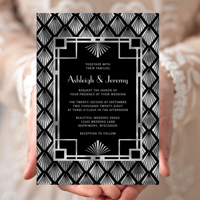 Elegant Black Silver Vintage Deco Pattern Wedding Invitation (Creator Uploaded)