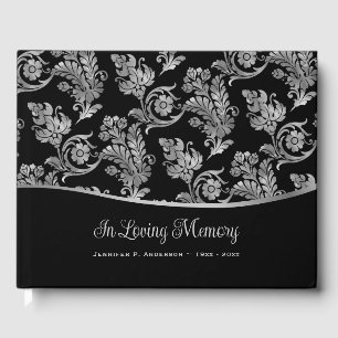 Elegant Black Silver Vintage Memorial Funeral Guest Book