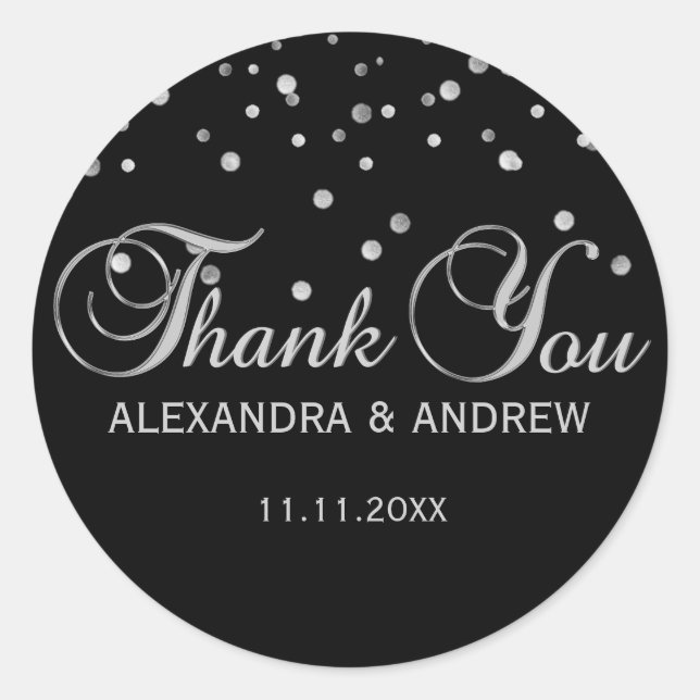 Elegant Black Silver Wedding Thank You Classic Round Sticker (Front)