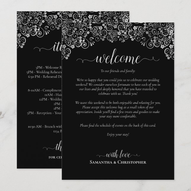 Elegant Black & Silver Wedding Welcome & Itinerary Programme (Front/Back)