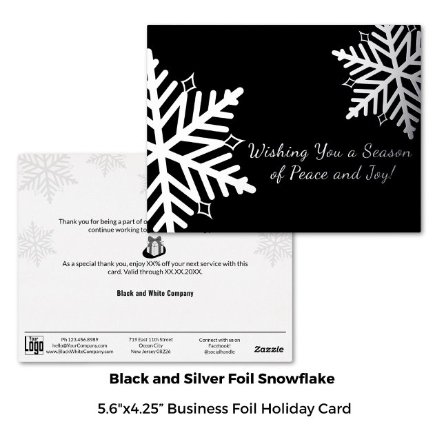 Elegant Black Silver Winter Snowflake Business  Foil Holiday Postcard (5.6"x4.25", Elegant Black Silver Winter Snowflake Business Foil Holiday Postcard)