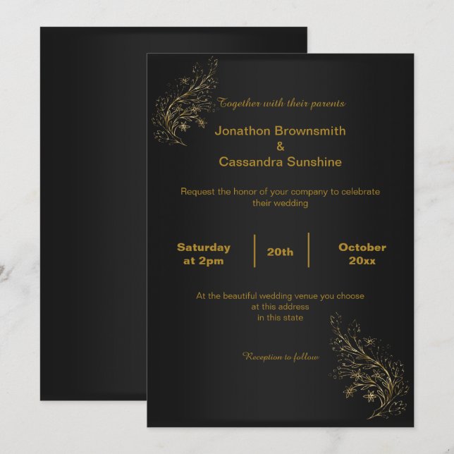 ELEGANT BLACK SIMPLE  GOLD LEAF BLACK REVERSE INVITATION (Front/Back)