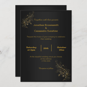 ELEGANT BLACK SIMPLE  GOLD LEAF BLACK REVERSE INVITATION