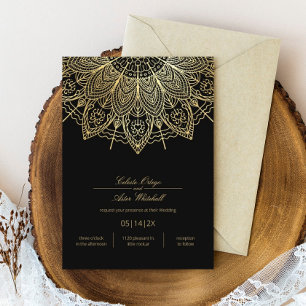 Elegant Black Simple Gold Mandala Wedding Invitation