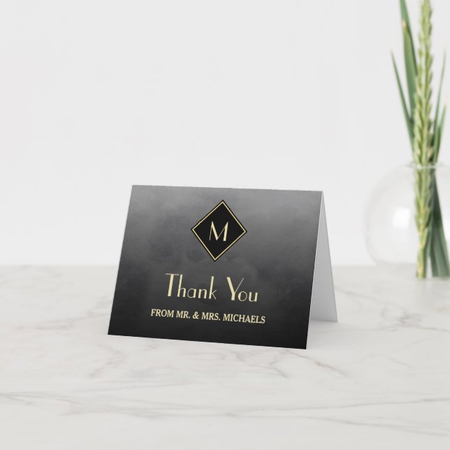 Elegant Black Simple With Gold Monogram Thank You Card (Front)