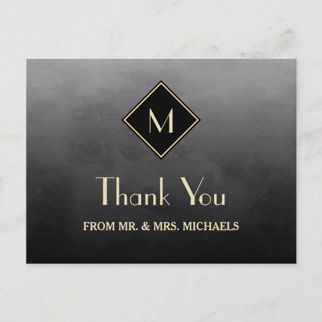 Elegant Black Simple With Gold Monogram Thank You Postcard (Front)