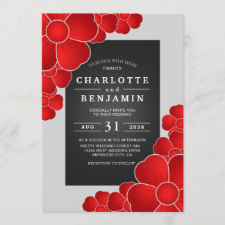 Elegant Black Sliver and Red Floral Wedding Invitation