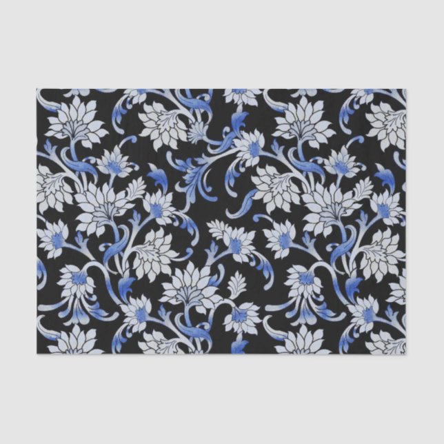 Elegant Black, Smoky Blue & White Floral Vine Tissue Paper (Front)
