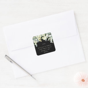 Elegant Black Snowberry+Eucalyptus Address Classic Square Sticker