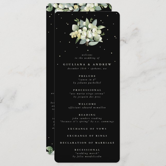 Elegant Black Snowberry+Eucalyptus Bouquet Wedding Programme (Front/Back)