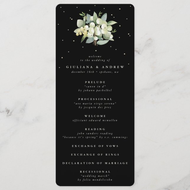 Elegant Black Snowberry+Eucalyptus Bouquet Wedding Programme (Front)