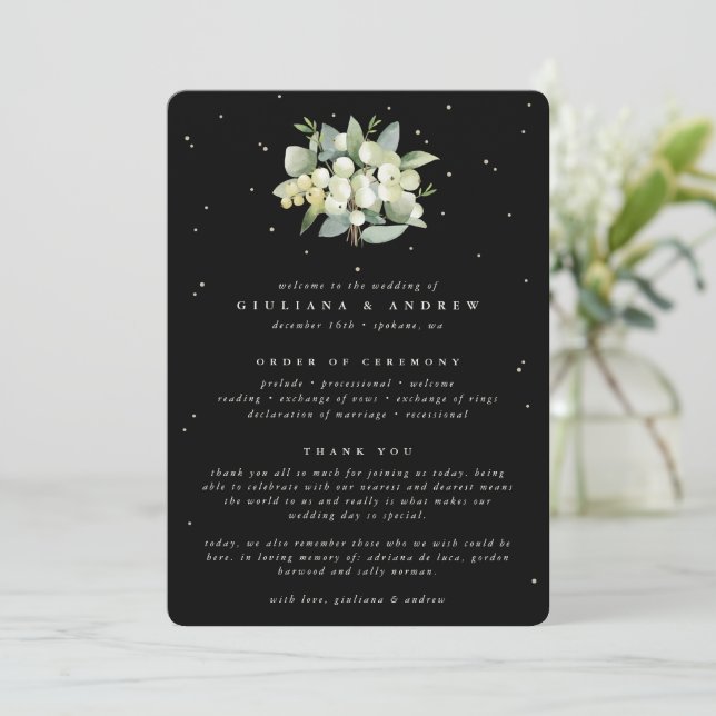 Elegant Black Snowberry+Eucalyptus Bouquet Wedding Programme (Standing Front)