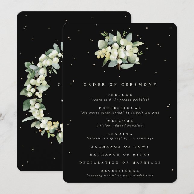 Elegant Black Snowberry+Eucalyptus Bouquet Wedding Programme (Front/Back)
