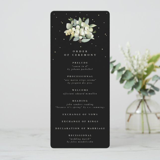 Elegant Black Snowberry+Eucalyptus Bouquet Wedding Programme (Standing Front)