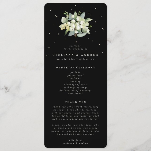 Elegant Black Snowberry+Eucalyptus Bouquet Wedding Programme (Front)