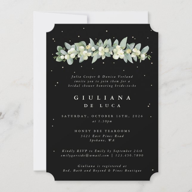 Elegant Black Snowberry+Eucalyptus Bridal Shower Invitation (Front)