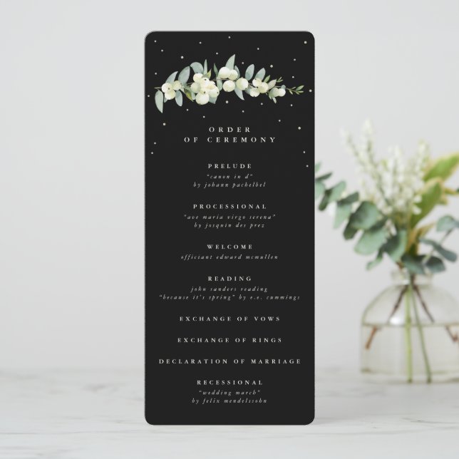 Elegant Black Snowberry+Eucalyptus Stem Wedding Programme (Standing Front)