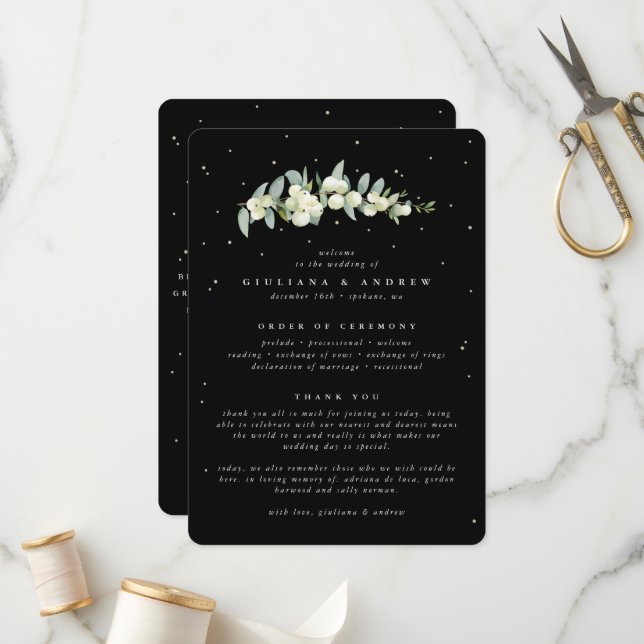 Elegant Black Snowberry+Eucalyptus Stem Wedding Programme (Front/Back In Situ)