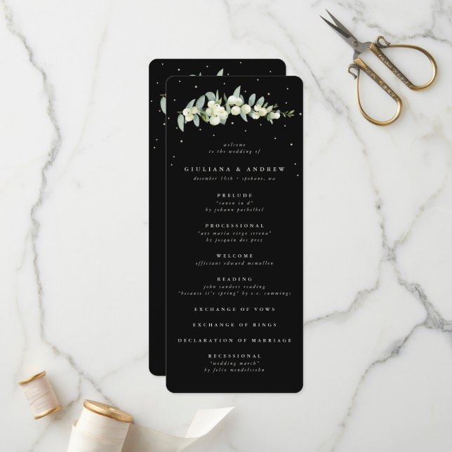 Elegant Black Snowberry+Eucalyptus Stem Wedding Programme (Front/Back In Situ)