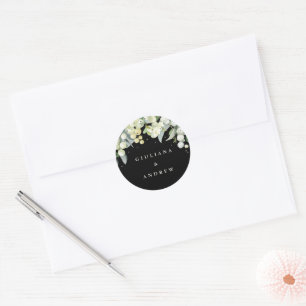 Elegant Black Snowberry+Eucalyptus Wedding Classic Round Sticker