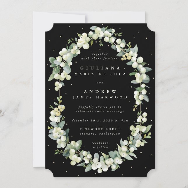 Elegant Black Snowberry+Eucalyptus Wedding Invitation (Front)