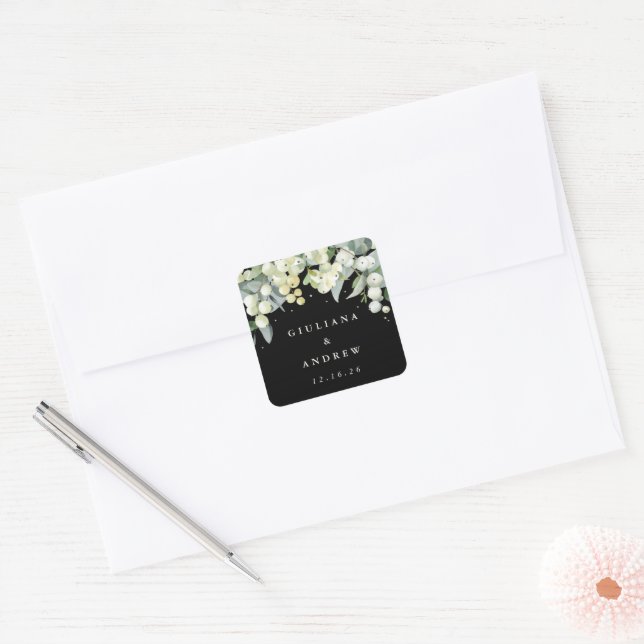 Elegant Black Snowberry+Eucalyptus Wedding Square Sticker (Envelope)