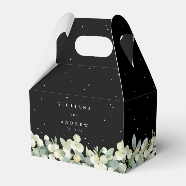 Elegant Black Snowberry+Eucalyptus Winter Wedding Favour Box (Front Side)