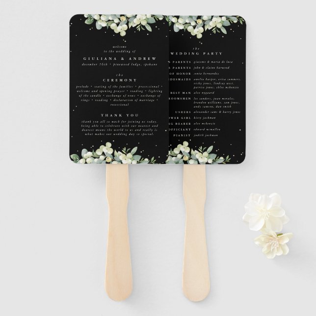 Elegant Black Snowberry+Eucalyptus Winter Wedding Hand Fan (Front and Back)