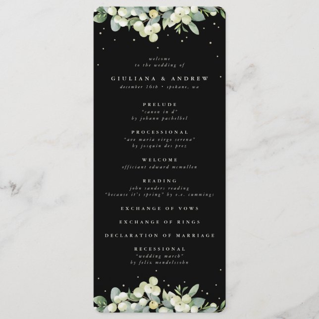 Elegant Black Snowberry+Eucalyptus Winter Wedding Programme (Front)