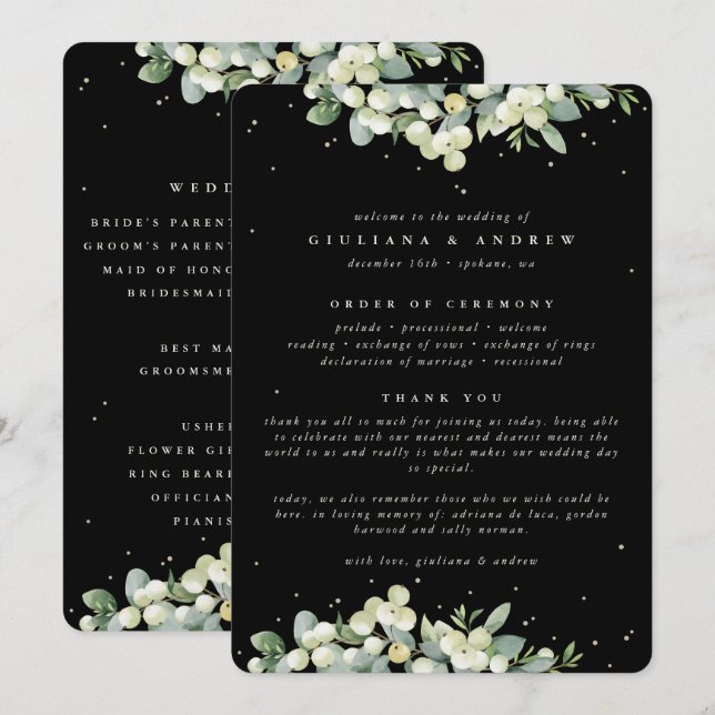 Elegant Black Snowberry+Eucalyptus Winter Wedding Programme (Front/Back)