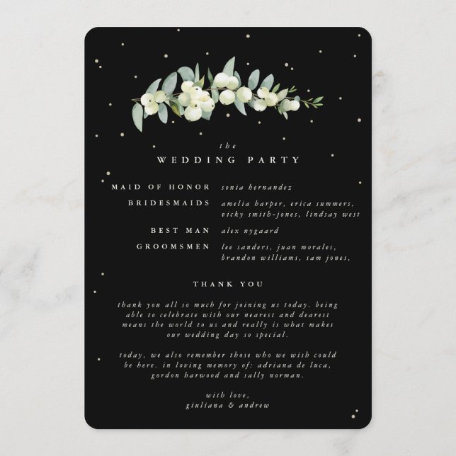 Elegant Black Snowberry+Eucalyptus Winter Wedding Programme (Back)