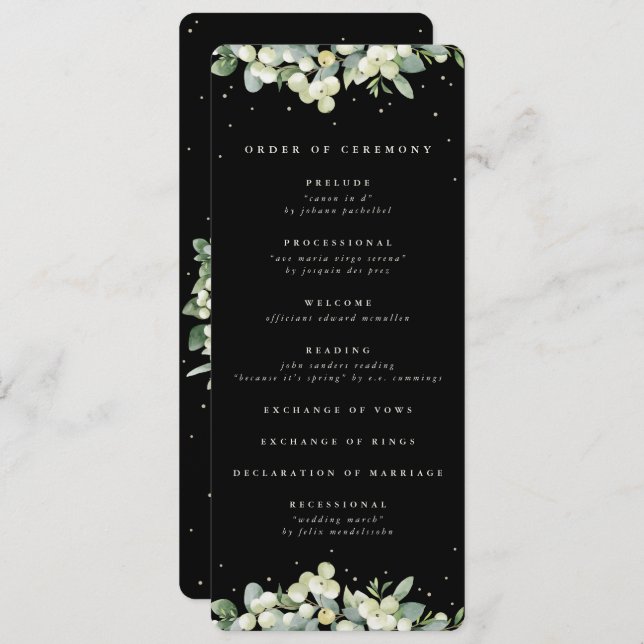 Elegant Black Snowberry+Eucalyptus Winter Wedding Programme (Front/Back)