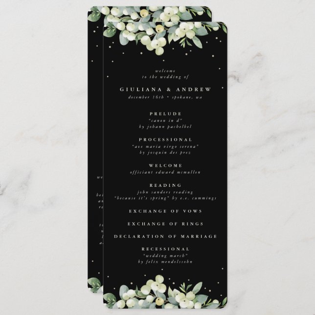 Elegant Black Snowberry+Eucalyptus Winter Wedding Programme (Front/Back)