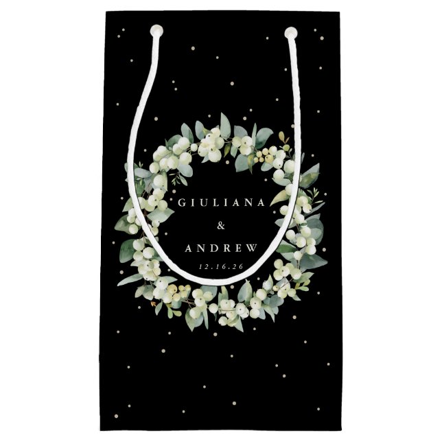 Elegant Black Snowberry+Eucalyptus Winter Wedding Small Gift Bag (Front)