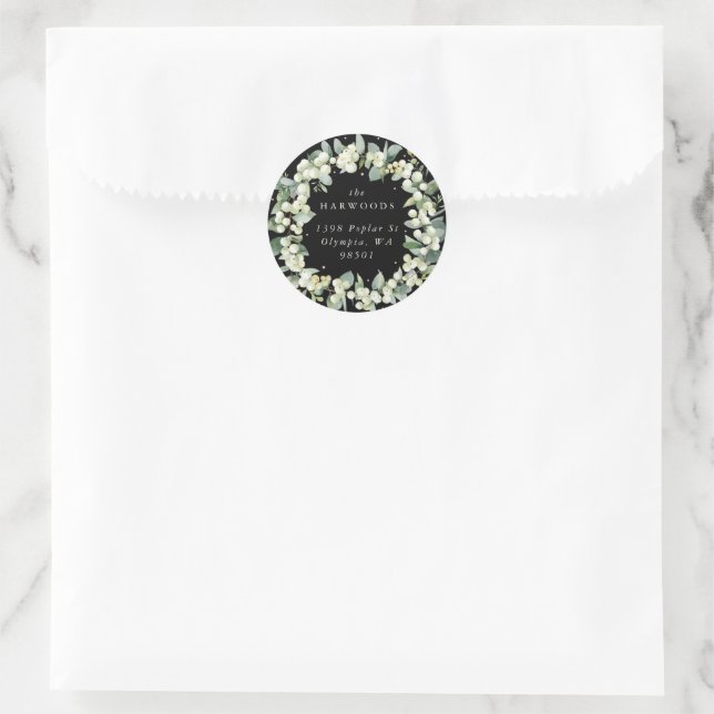 Elegant Black Snowberry+Eucalyptus Wreath Address Classic Round Sticker (Bag)