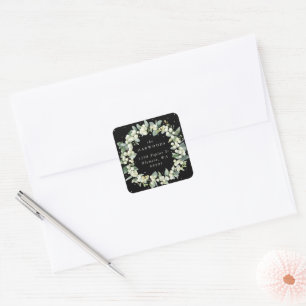 Elegant Black Snowberry+Eucalyptus Wreath Address Square Sticker