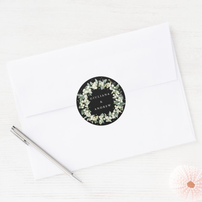 Elegant Black Snowberry+Eucalyptus Wreath Wedding Classic Round Sticker (Envelope)