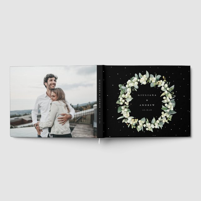 Elegant Black Snowberry+Eucalyptus Wreath Wedding Guest Book (Full)