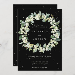 Elegant Black Snowberry+Eucalyptus Wreath Wedding Invitation