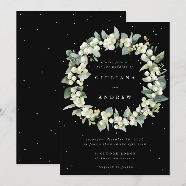 Elegant Black Snowberry+Eucalyptus Wreath Wedding Invitation (Front/Back)