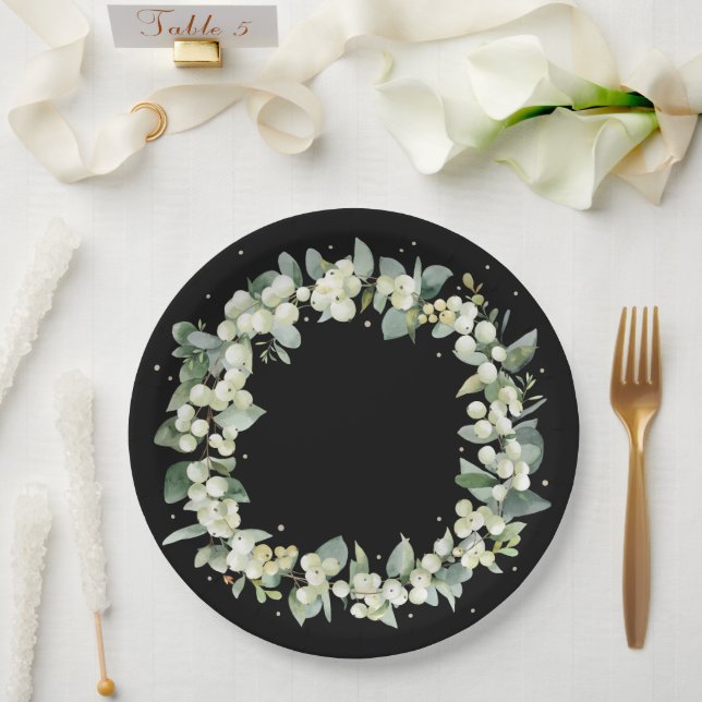 Elegant Black Snowberry+Eucalyptus Wreath Wedding Paper Plate (Wedding)