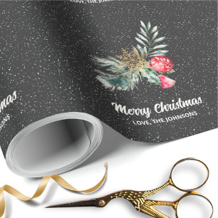 Elegant Black Snowflake Christmas Script Wrapping Paper