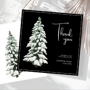 Elegant Black Snowy Christmas Tree Wedding Thank You Card