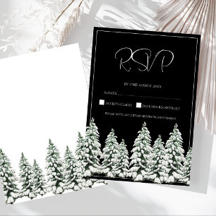 Elegant Black Snowy Pine Forest Wedding RSVP Card