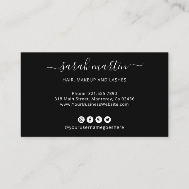 Elegant Black Social Media Icons Modern Business Card (Front)
