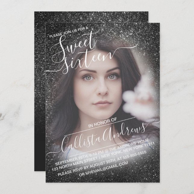 Elegant Black Sparkly Glitter Ombre Photo Sweet 16 Invitation (Front/Back)