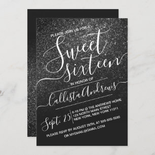 Elegant Black Sparkly Glitter Ombre Sweet 16 Invitation
