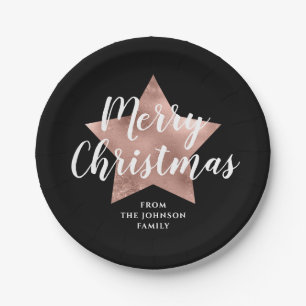Elegant Black Star Merry Christmas Paper Plate