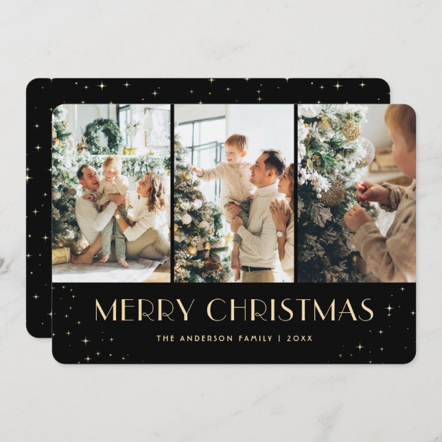 Elegant Black Starry Night Photo Christmas Card (Front/Back)